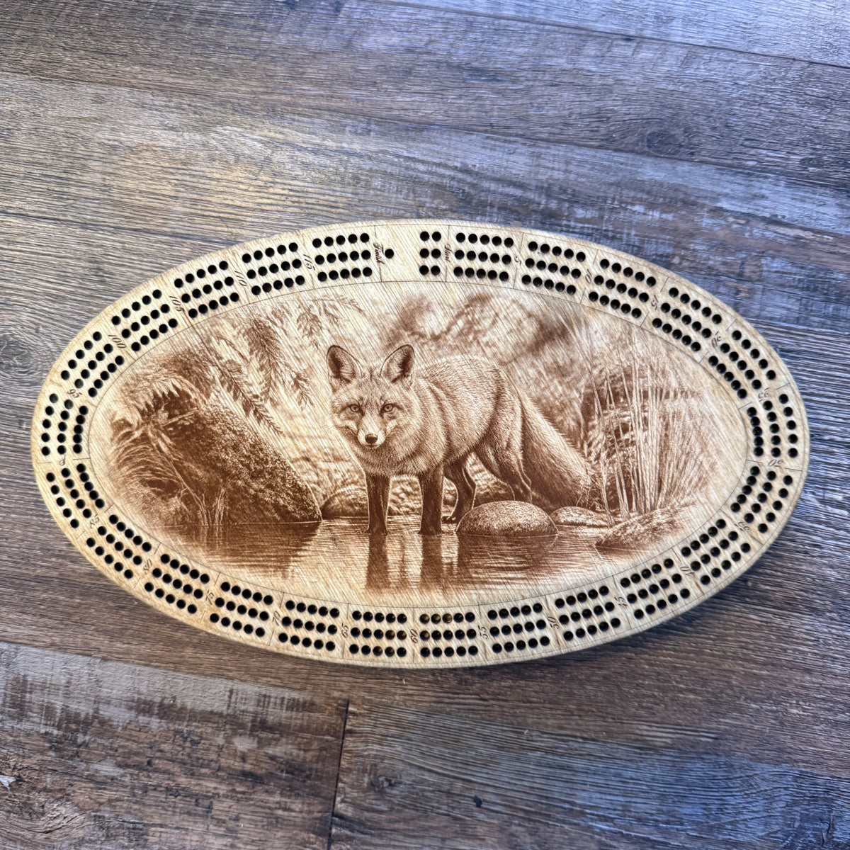 Fox handcrafted wooden cribbage board