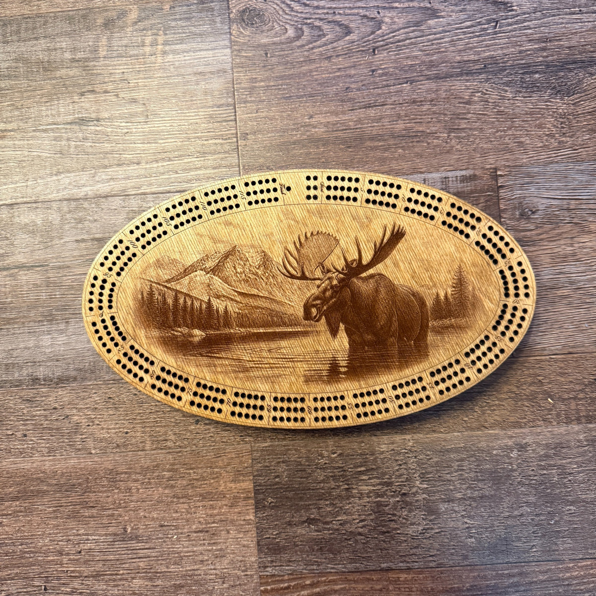 Moose handcrafted wooden cribbage board