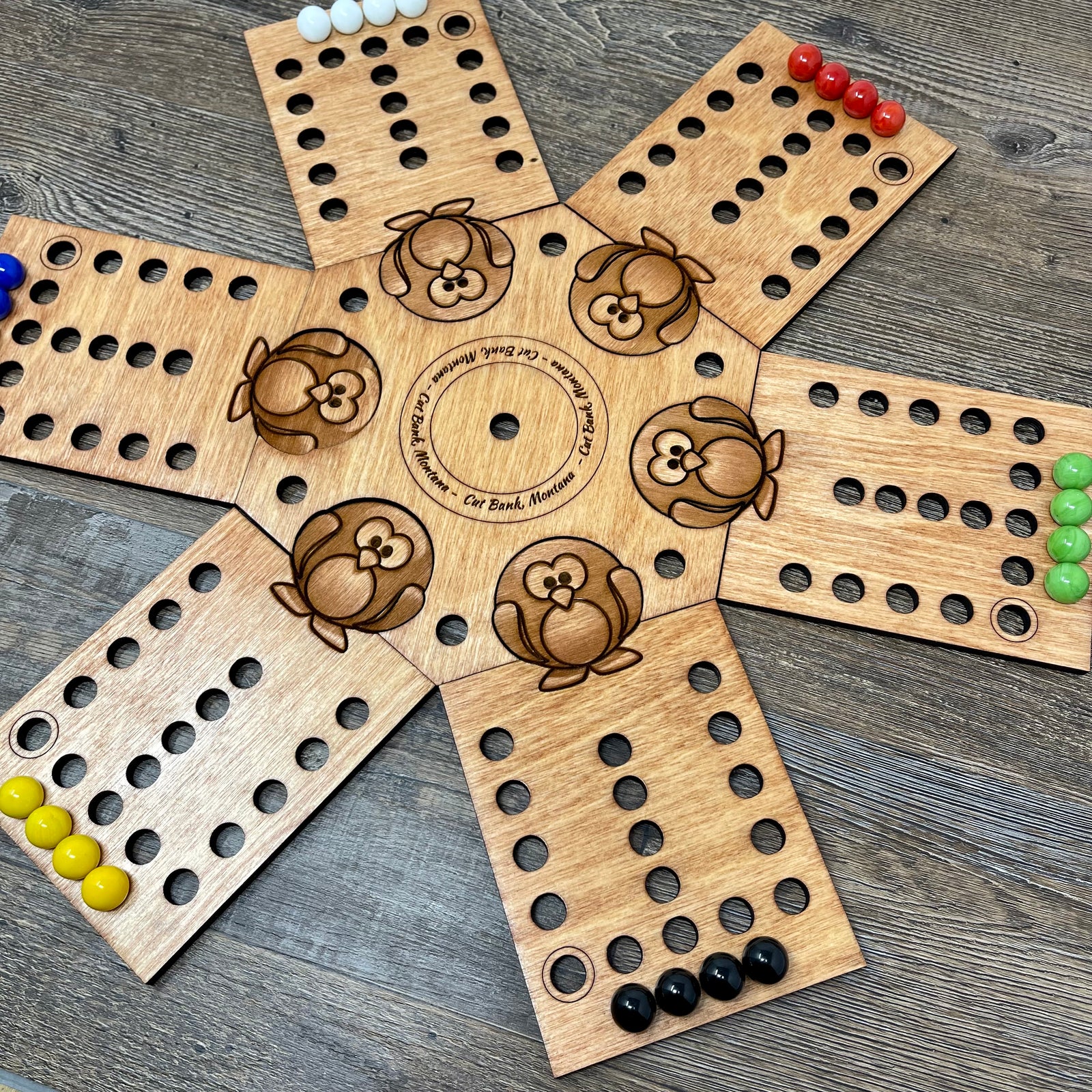 Cut Bank, Montana Fast Track/Frustration Marbles game with custom wooden box.