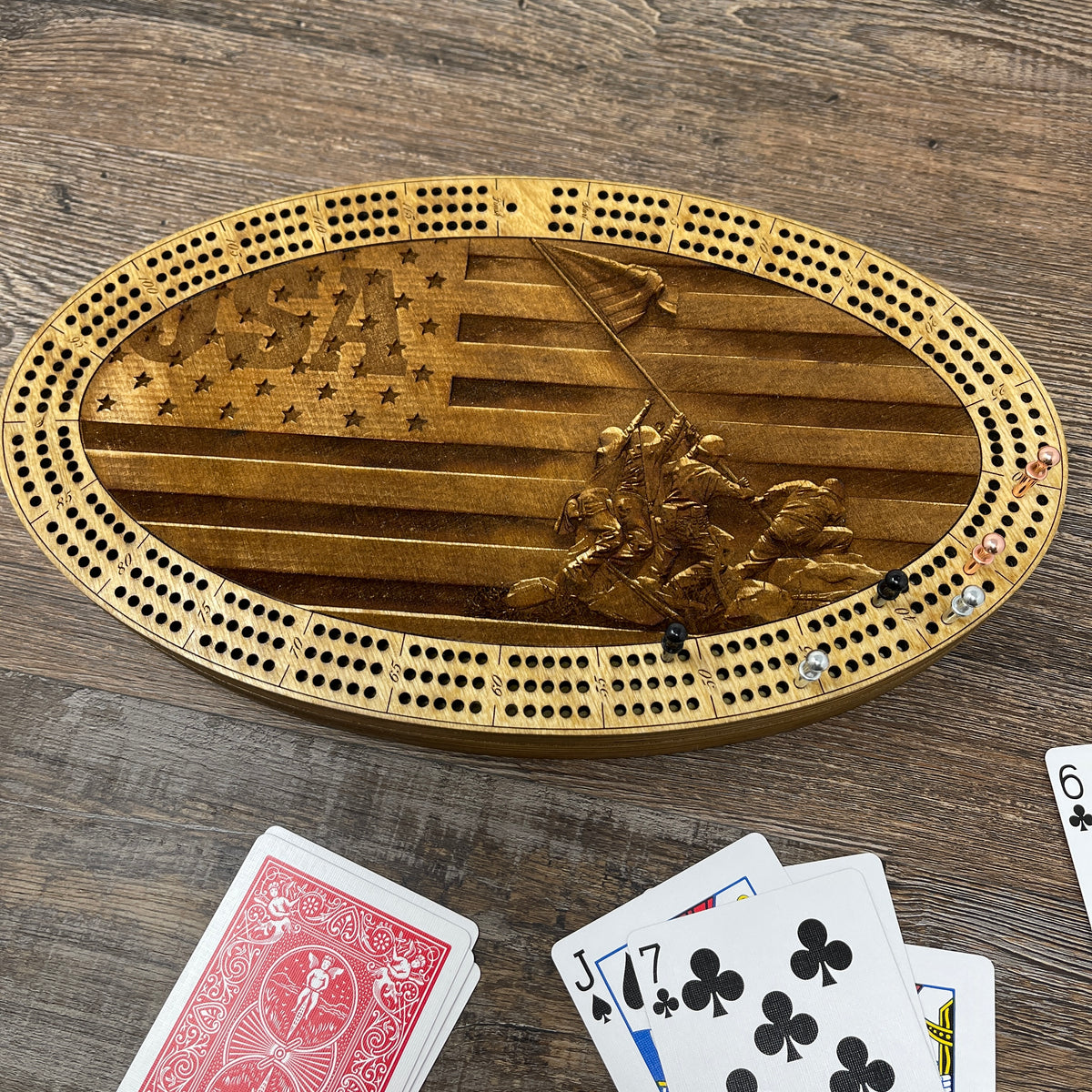 Iwo Jima and American Flag engraved wooden cribbage board